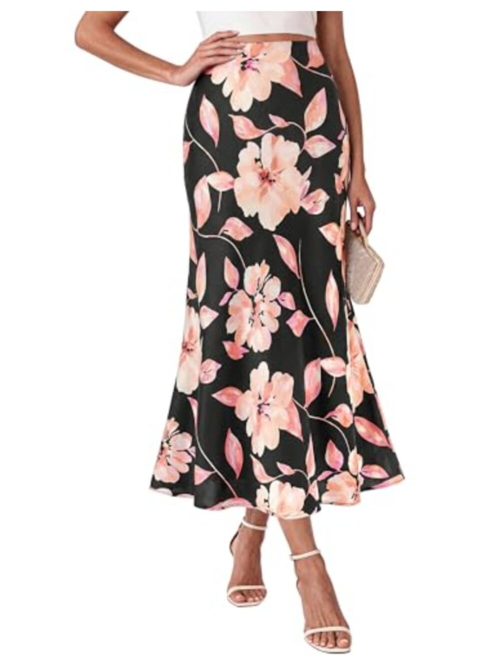 Women's A-Line High Waisted Midi Skirt Flowy Satin Long Skirt Party